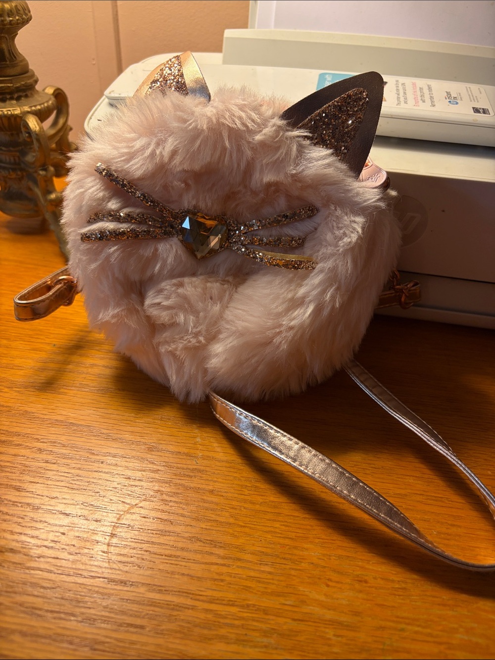 Justice Blush Pink Furry Cat Crossbody Bag with Metallic Strap
